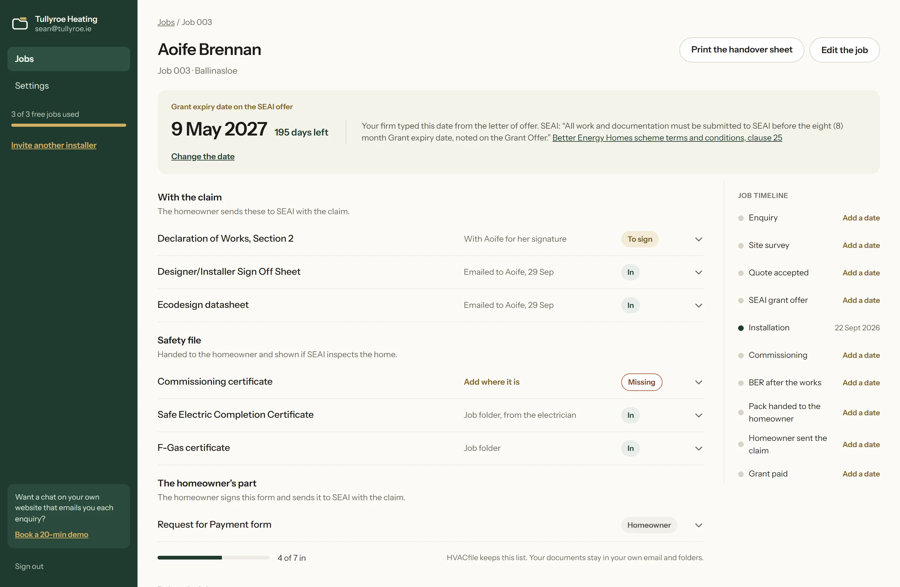 The HVACfile page for a sample heat pump job: the grant expiry date, each SEAI document with its status and where it is, and the job timeline.