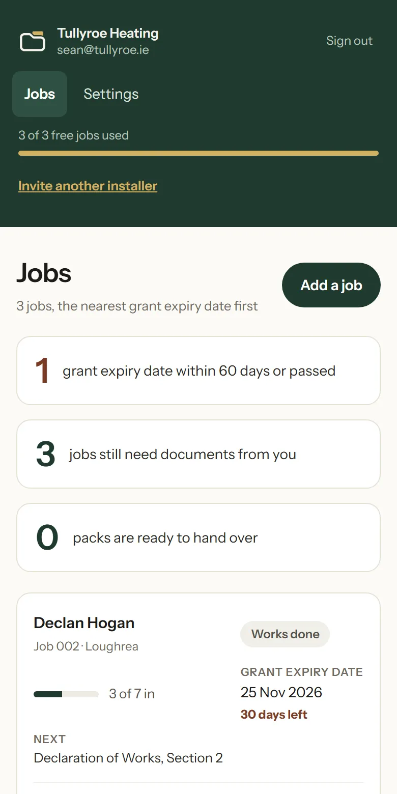 The HVACfile jobs list on a phone, with each job’s grant expiry date and next step.
