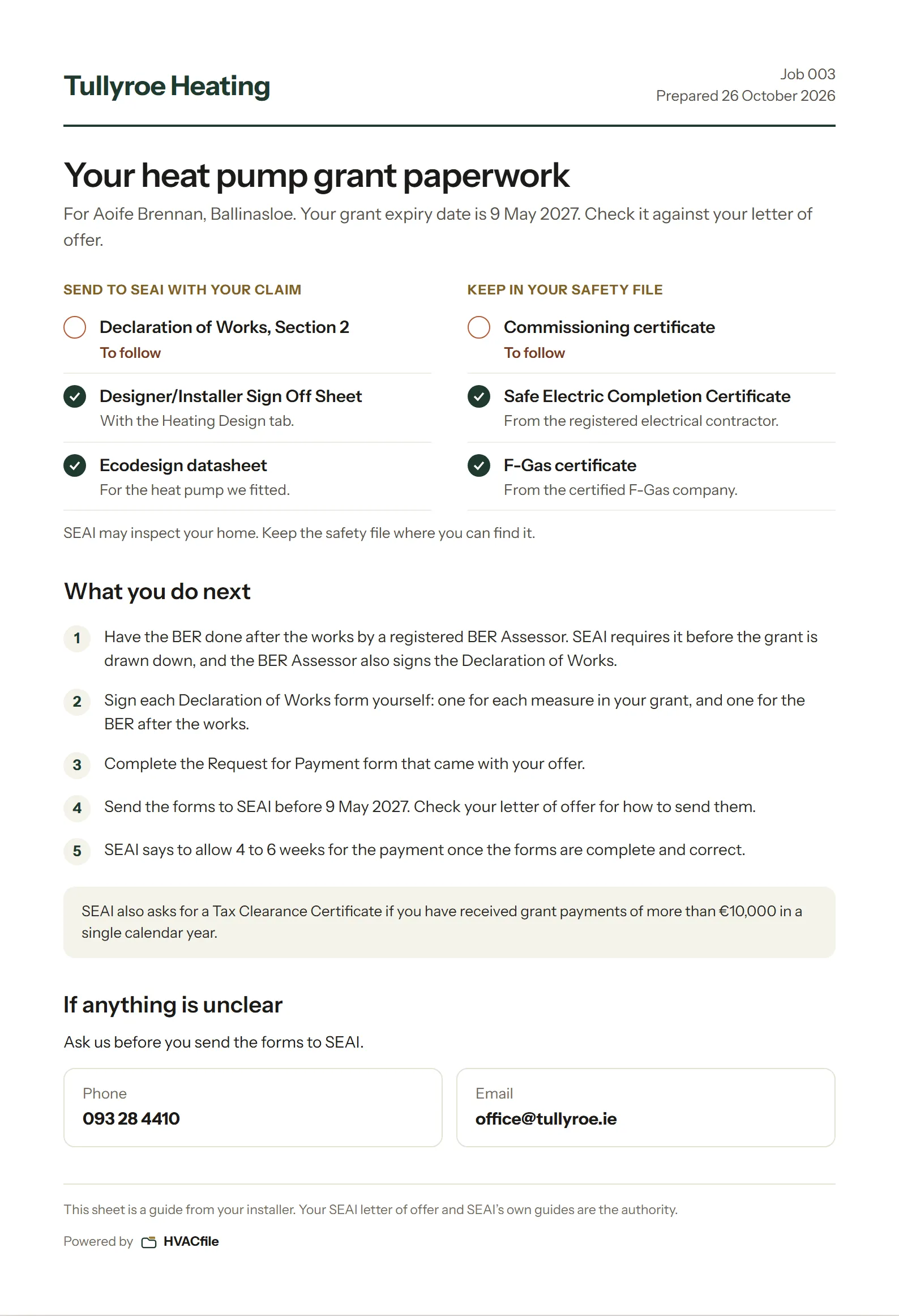The one-page handover sheet for a sample job, with the steps for the homeowner and the documents in each group.